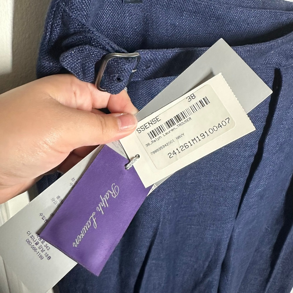 NEW Ralph Lauren Men's Trousers Size 38 Navy Blue Linen Pleated Dress Pants - Picture 5 of 9